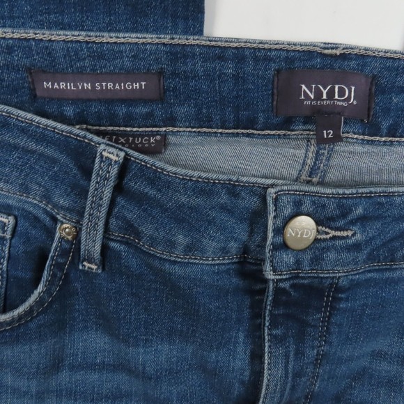 NYDJ Womens Jeans Size 12 Marilyn Raw Hem Medium Wash Straight Leg Blue Denim - Picture 2 of 10